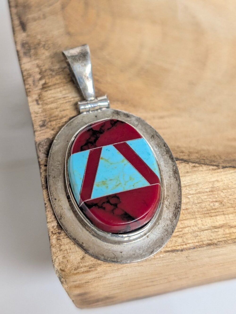 Vintage Mexico 950 Large Coral Turquoise Inlay Pendant 15.4 g